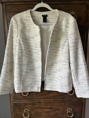 Ann Taylor Factory Cream Tweed Open-Front Jacket with Black Speckle, XL